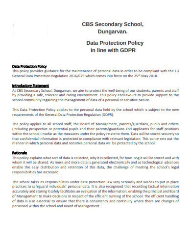 secondary school data protection policy