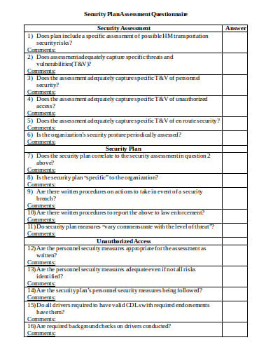 security plan assessment questionnaire template