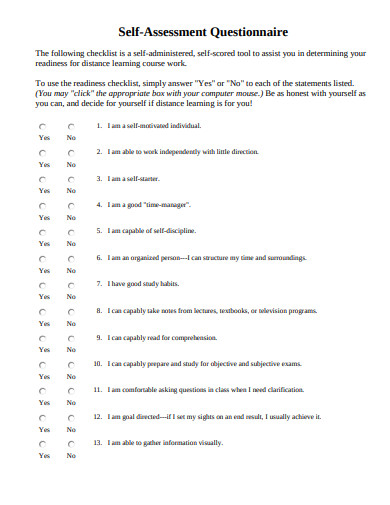 self assessment questionnaire example
