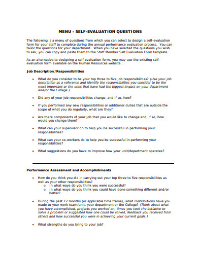 self evaluation questionnaire in pdf