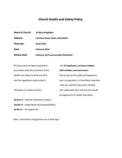 simple church health and safety policy