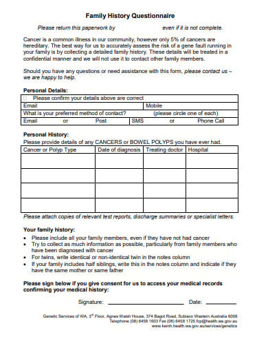 simple family history questionnaire template
