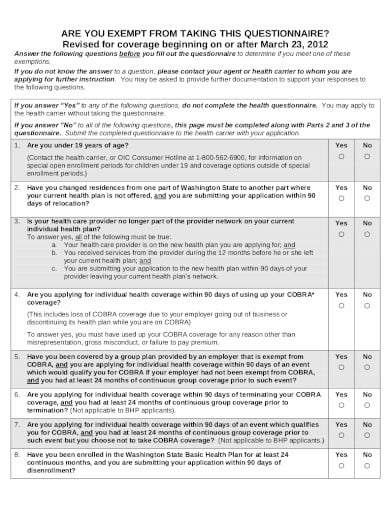 simple health insurance questionnaire template