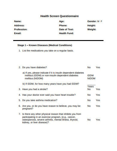 simple health screening questionnaire template