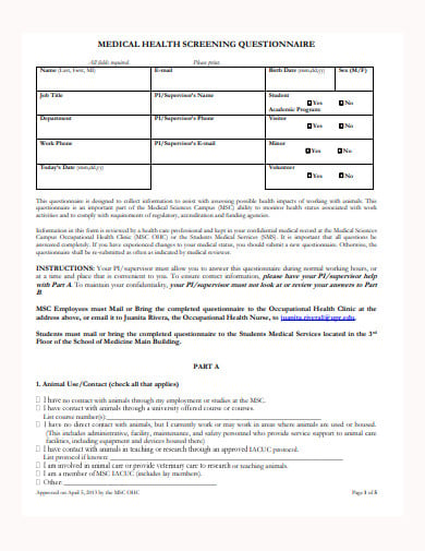 simple medical health screening questionnaire template