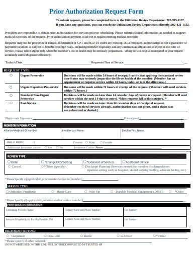 simple medical prior authorization request form template