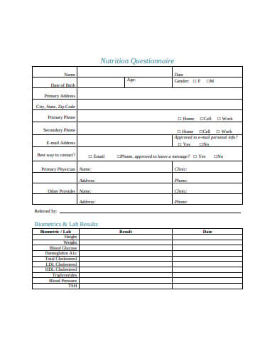 simple nutrition questionnaire in pdf