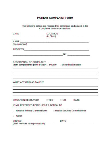 simple patient complaint form in pdf