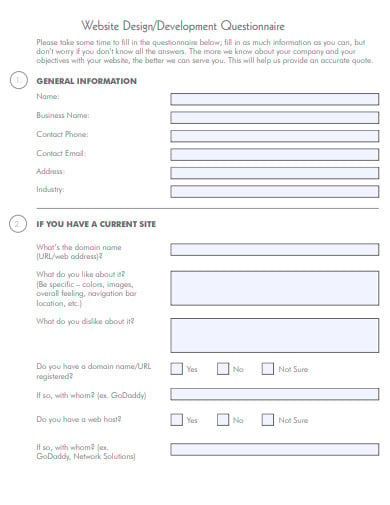 simple website design development questionnaire template