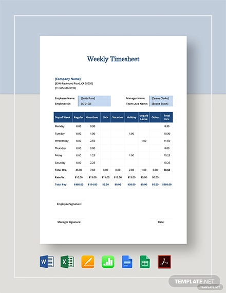 28+ Weekly Timesheet Templates – Free Sample, Example Format Download ...