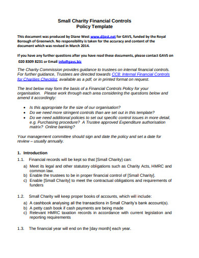 small charity financial controls policy template