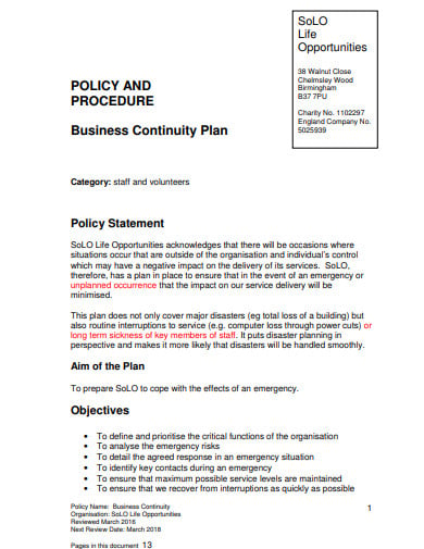 standard business continuity plan