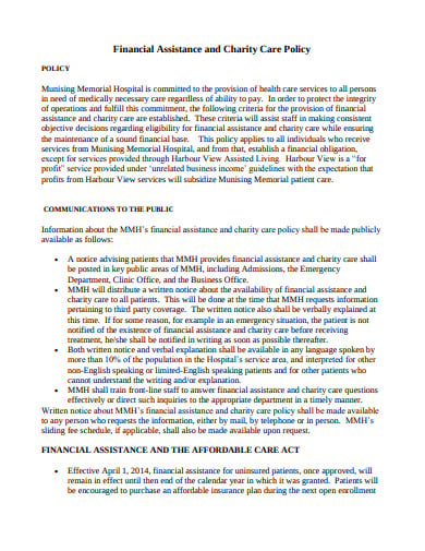 standard financial assistance charity care policy template