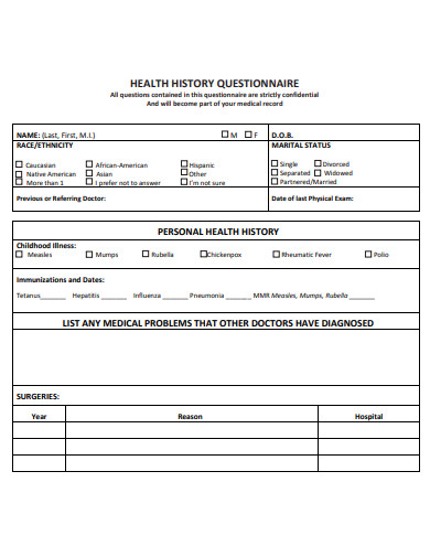 23 Health History Questionnaire Templates In Pdf Microsoft Word