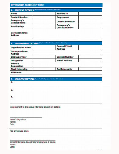 standard internship agreement form template