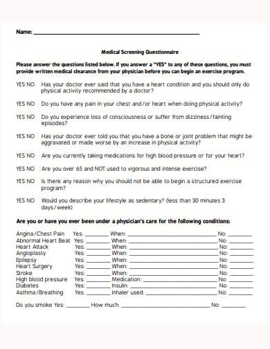 standard medical screening questionnaire template