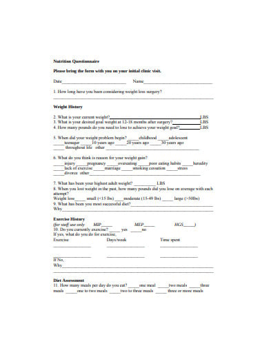standard nutrition questionnaire format