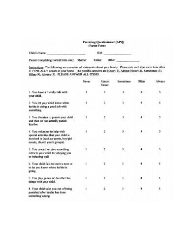 standard parent questionnaire