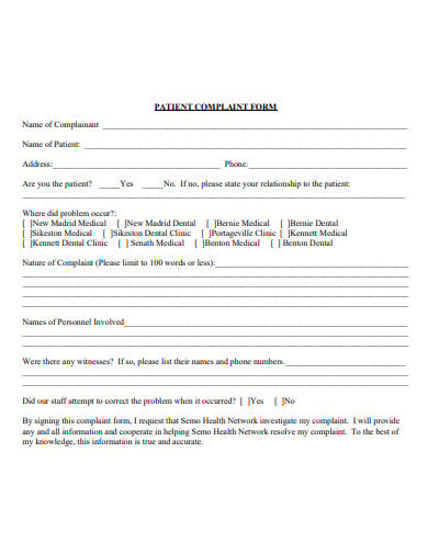 standard patient complaint form template