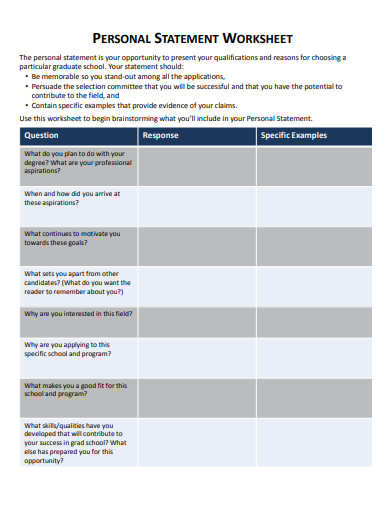 standard personal statement worksheet template
