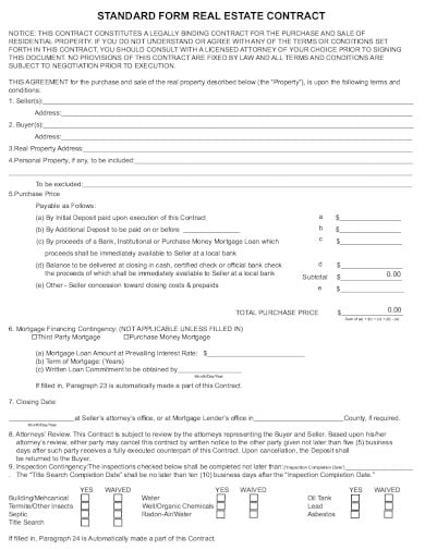 standard real estate contract form
