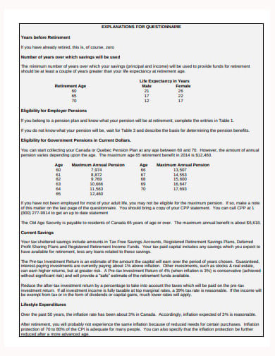 standard retirement planning questionnaire template