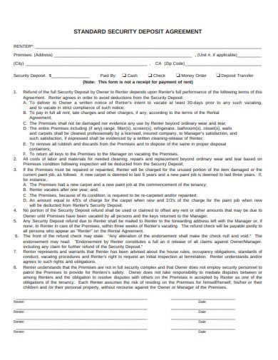 standard security deposit agreement template