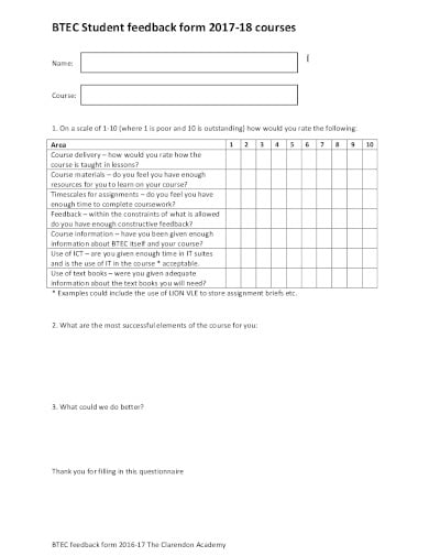 standard student feedback form