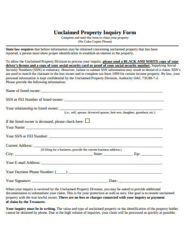 standard unclaimed property inquiry form template