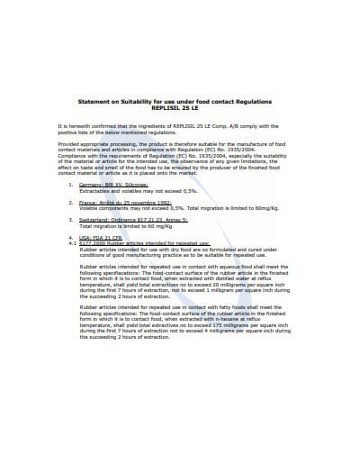 statement suitability for use under food regulations template