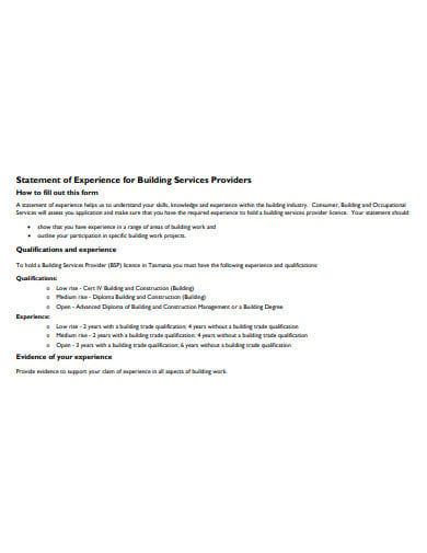 statement of experience for building services