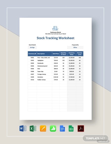 stock tracking worksheet template