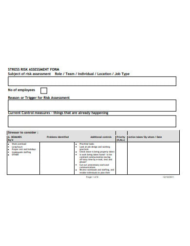 stress assessment questionnaire form example