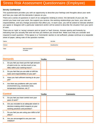 stress risk assessment questionnaire template