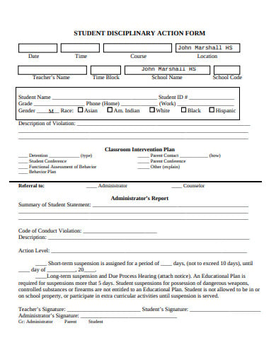 student disciplinary action form template