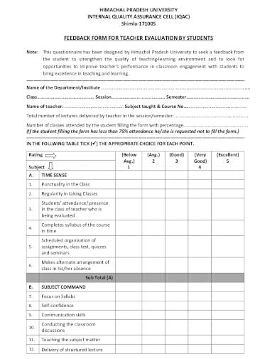 student evaluation feedback form