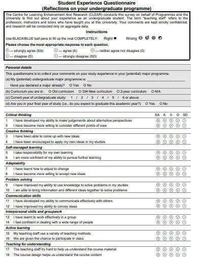 7+ Student Experience Questionnaire Templates in PDF | MS Word