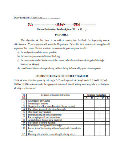 student feedback form in doc