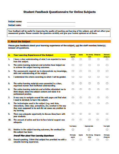 student feedback questionnaire for online subjects