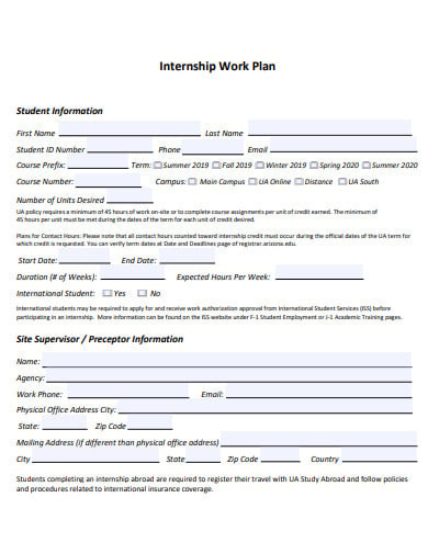 student internship work plan form