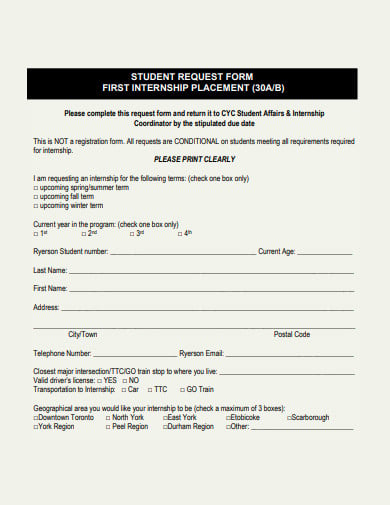 student request form first internship placement template