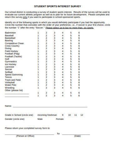 student sports interest survey format