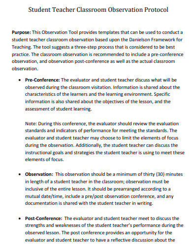 student teacher classroom observation template