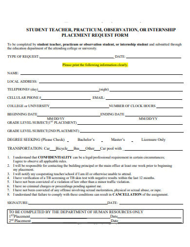 student teacher internship placement request form