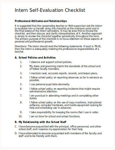 student teacher self evaluation checklist template