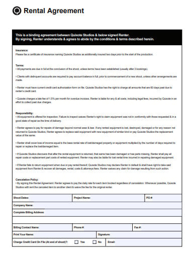 studio rental agreement sample template