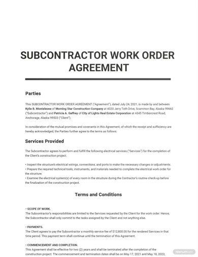 subcontractor work order agreement template