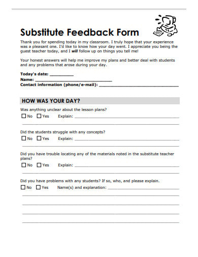 substitute teacher feedback form example