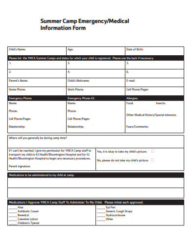 summer camp emergency medical information form template