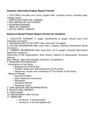 summer internship project report format